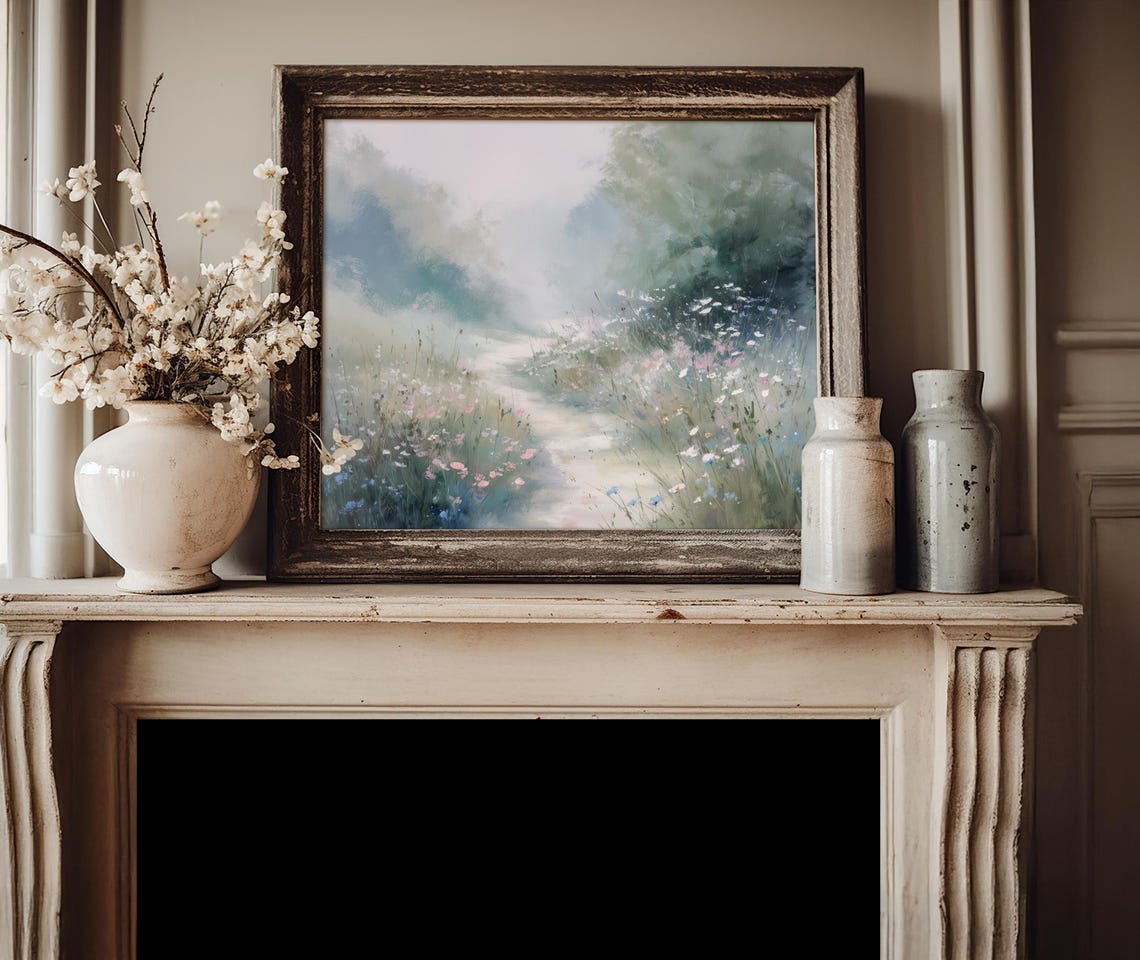 Misty Meadow Path With Wildflowers Dreamy Watercolor Landscape Poster - Image 4