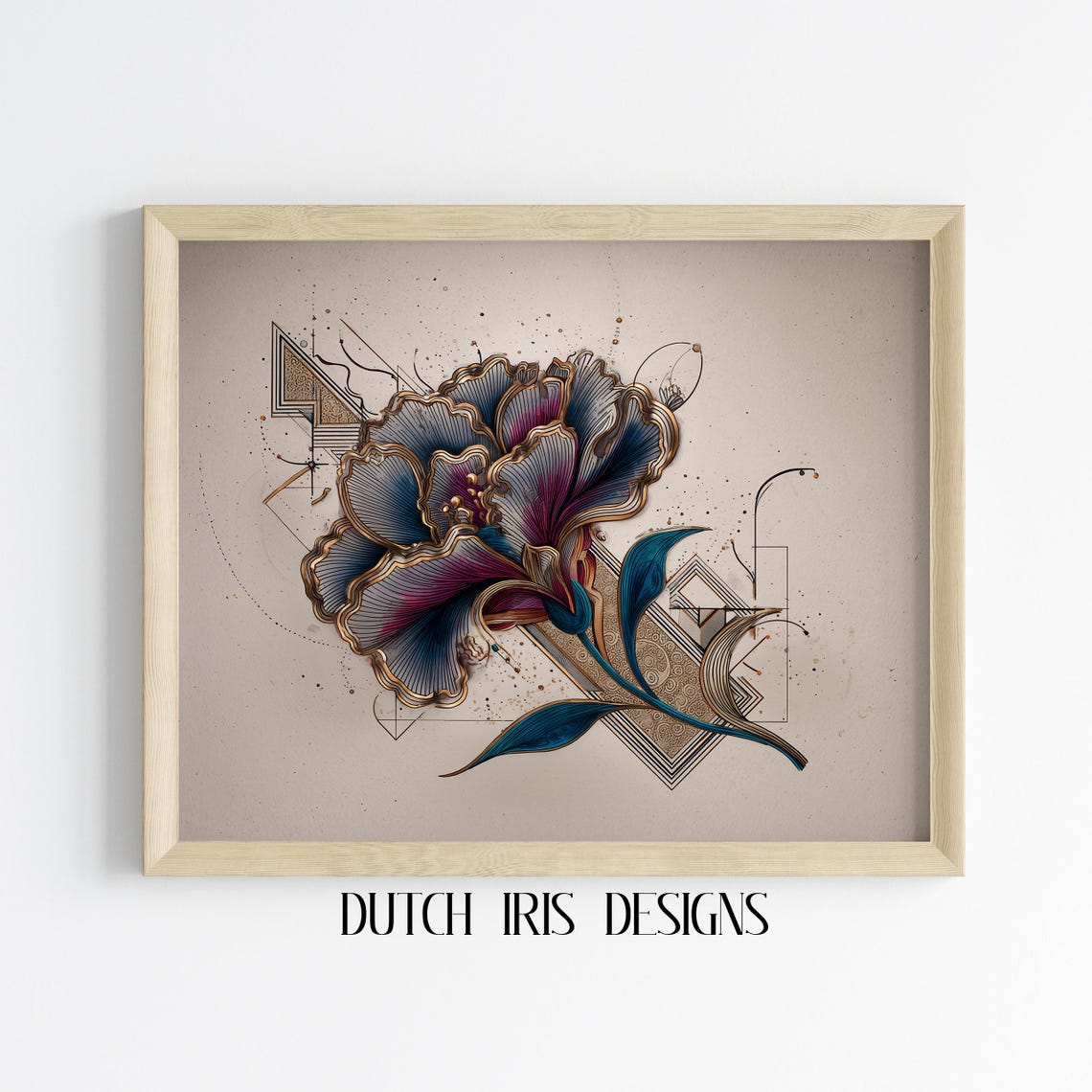 Blue Peony Flower With Gold Geometric Art Deco Botanical Poster