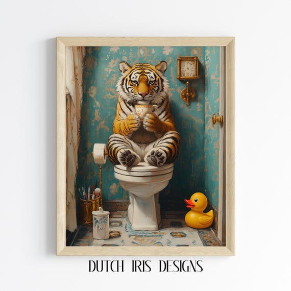 Whimsical Bathroom Tiger Art Playful Oil Painting Unique Decor Fun Wall Quirky Animal Illustration Artwork 686