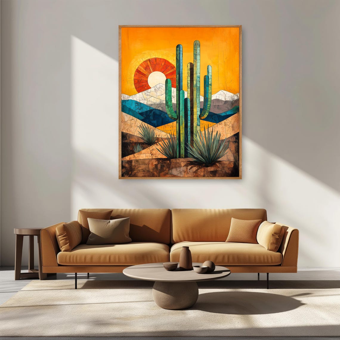 Cubist Desert Sunset Saguaro Cacti Mountains Landscape Art Poster - Image 4