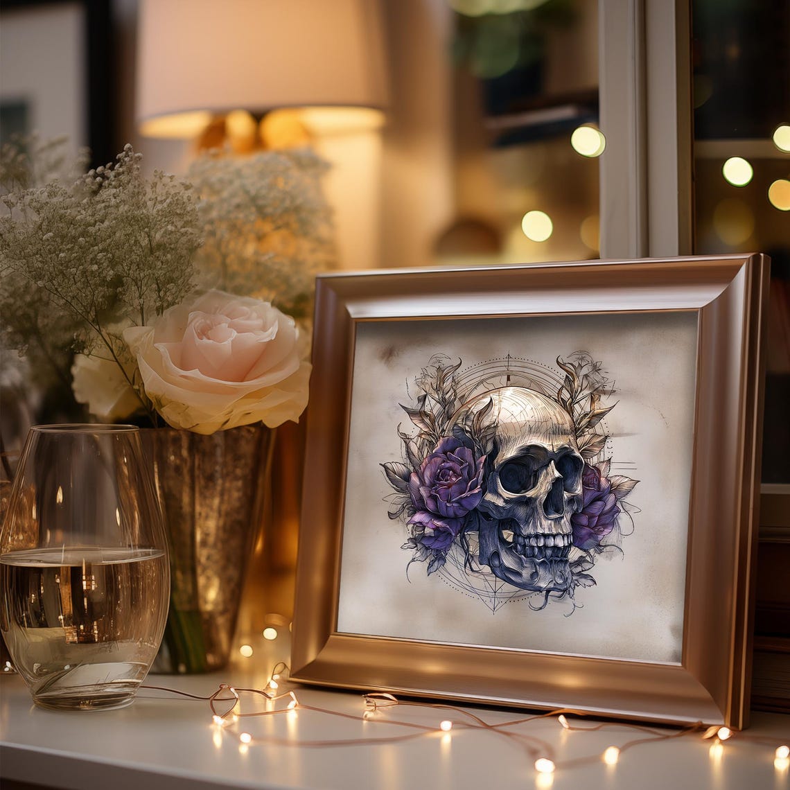 Skull With Purple Roses Circular Linework Gothic Botanical Poster - Image 3