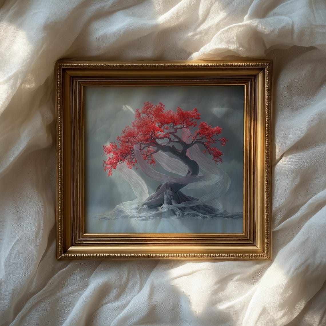 Crimson Leaf Bonsai Tree Wrapped In Flowing White Silk Art Poster - Image 2