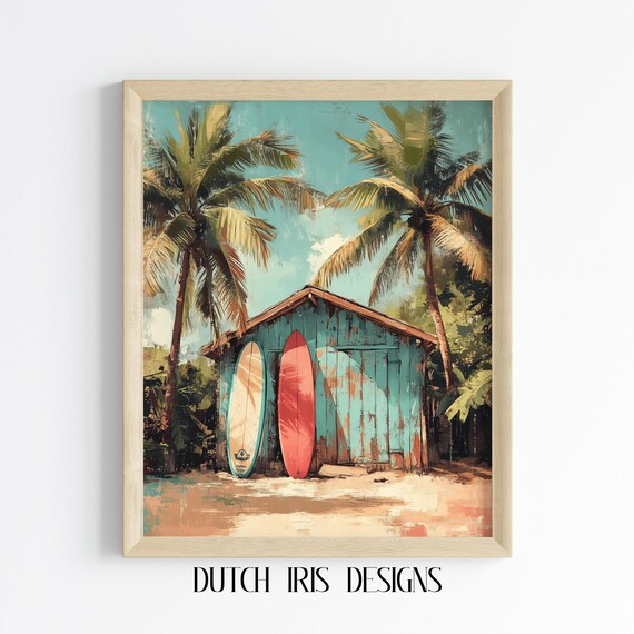 Vintage Surf Shack With Palm Trees Retro Beach Scene Art Poster