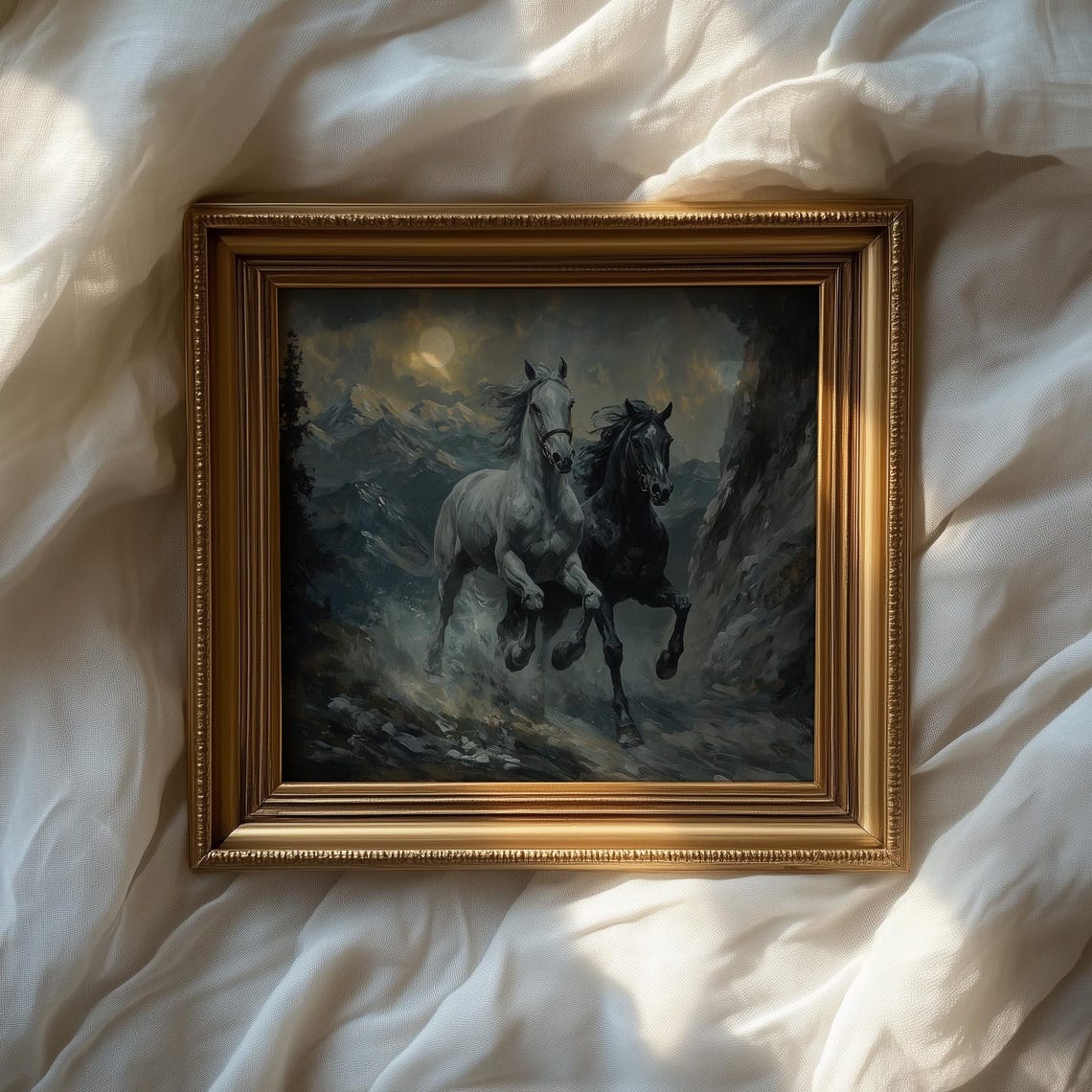Black And White Horses Galloping Under Moonlight Mountain Art Poster - Image 2