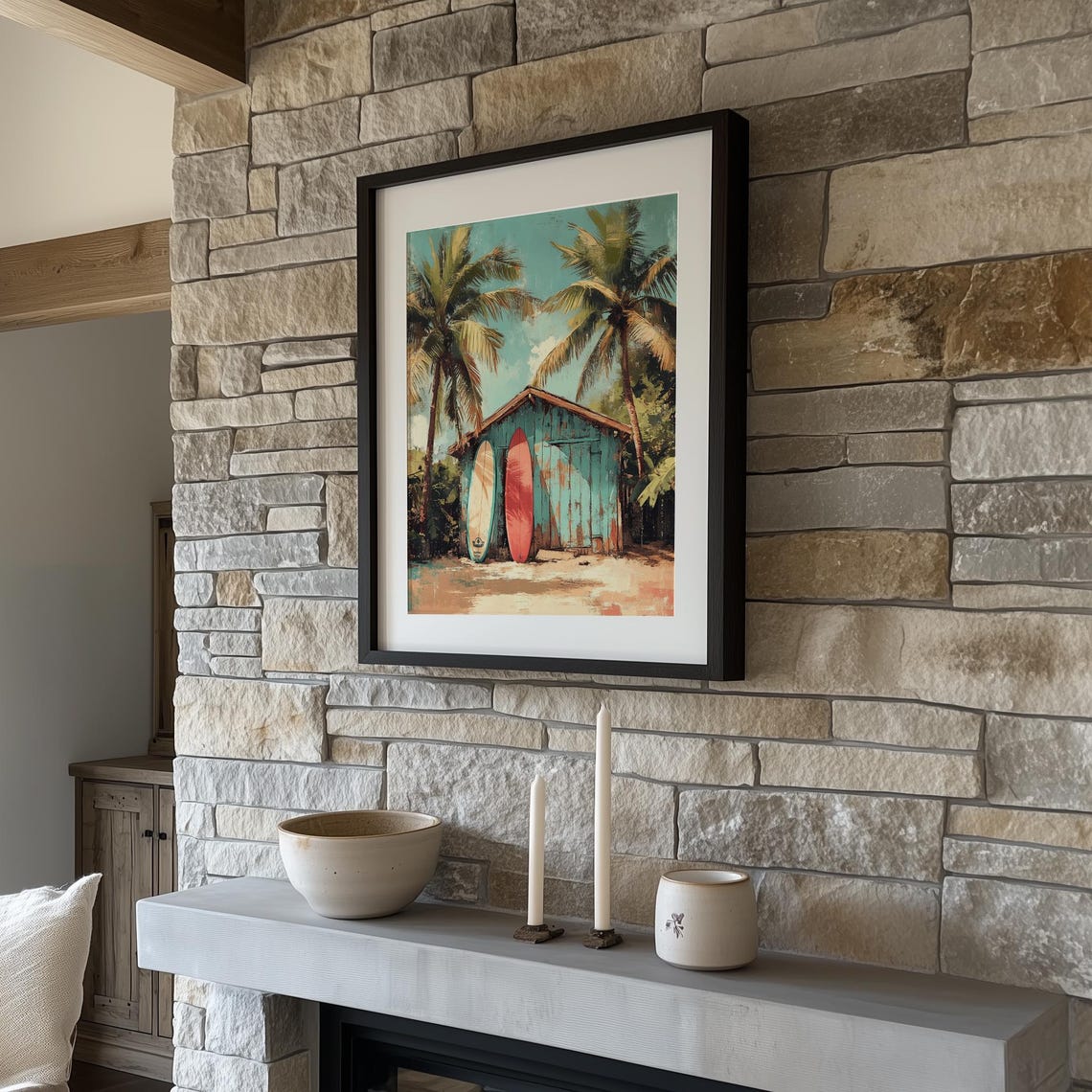 Vintage Surf Shack With Palm Trees Retro Beach Scene Art Poster - Image 3