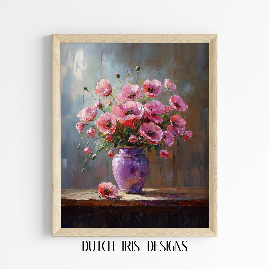Pink Poppies In Purple Vase Impressionist Floral Oil Painting Poster