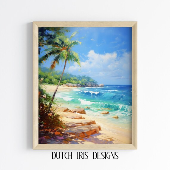 Tropical Beach With Palm Tree And Turquoise Waves Coastal Poster