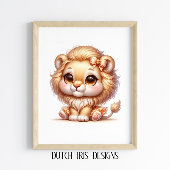 Adorable Baby Lion Cub In Orange Tutu With Golden Bow Nursery Art Poster