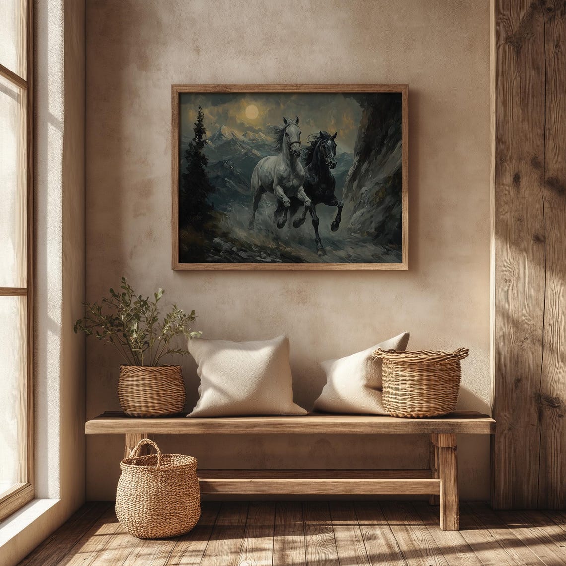 Black And White Horses Galloping Under Moonlight Mountain Art Poster - Image 4