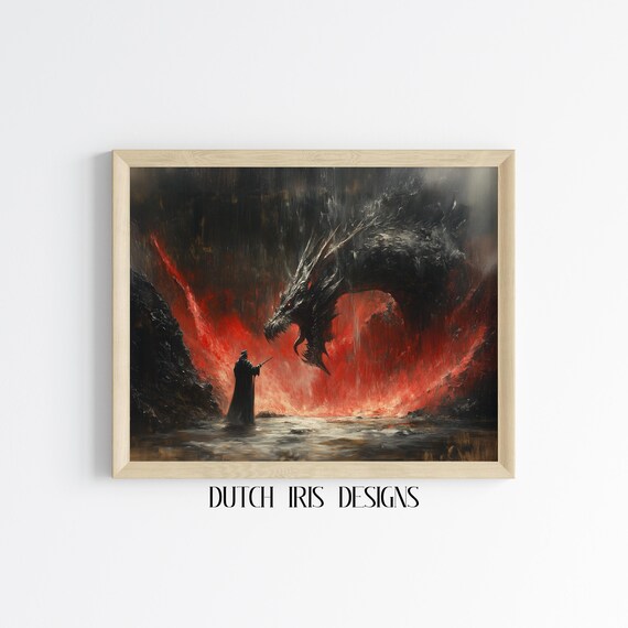 Fantasy Wizard And Dragon Duel Art Epic Battle Scene Magical Landscape Dark Wall Vintage Style Decor 46
