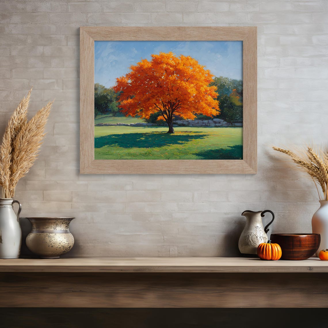 Lone Maple Tree With Orange Autumn Foliage Under Blue Sky Poster - Image 4