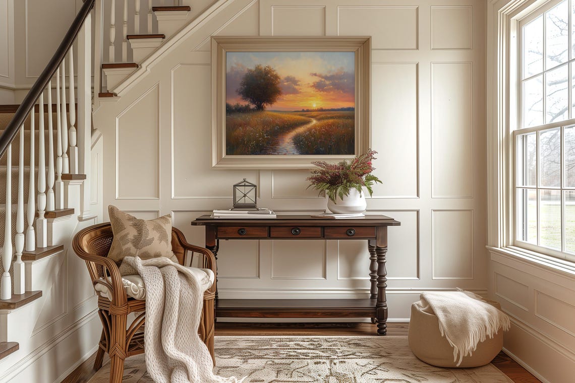 Winding Stream Through Golden Meadow At Sunset Countryside Poster - Image 2
