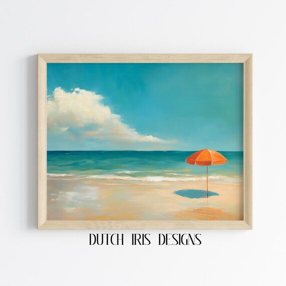 Orange Umbrella On Quiet Beach With Turquoise Sea Minimal Summer Poster