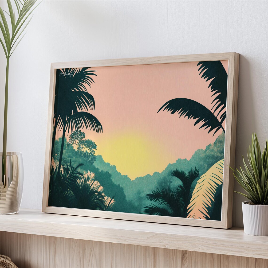 Tropical Sunrise Jungle Mountains Misty Valley Landscape Poster