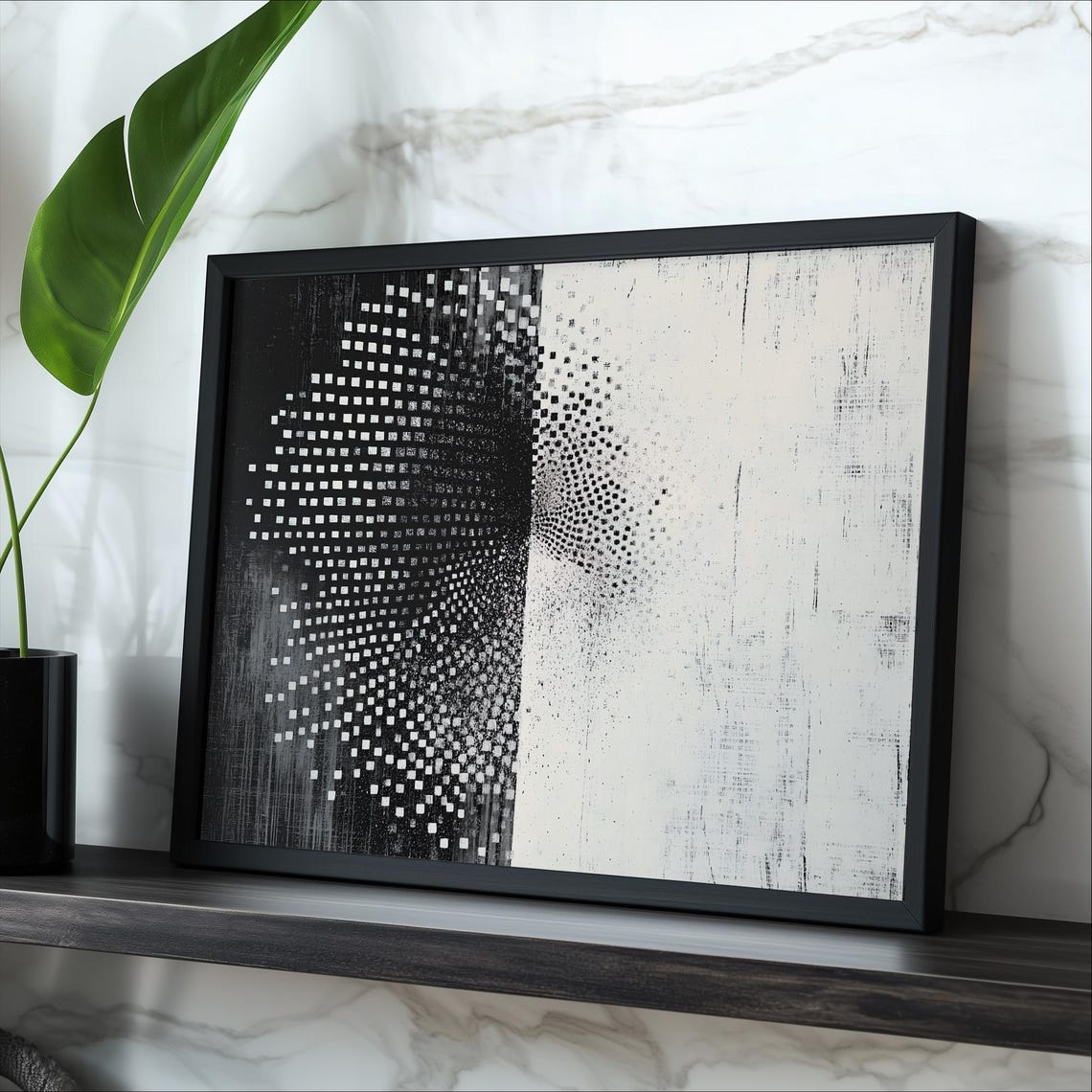 Black White Particle Grid Abstract Modern Monochrome Art Print