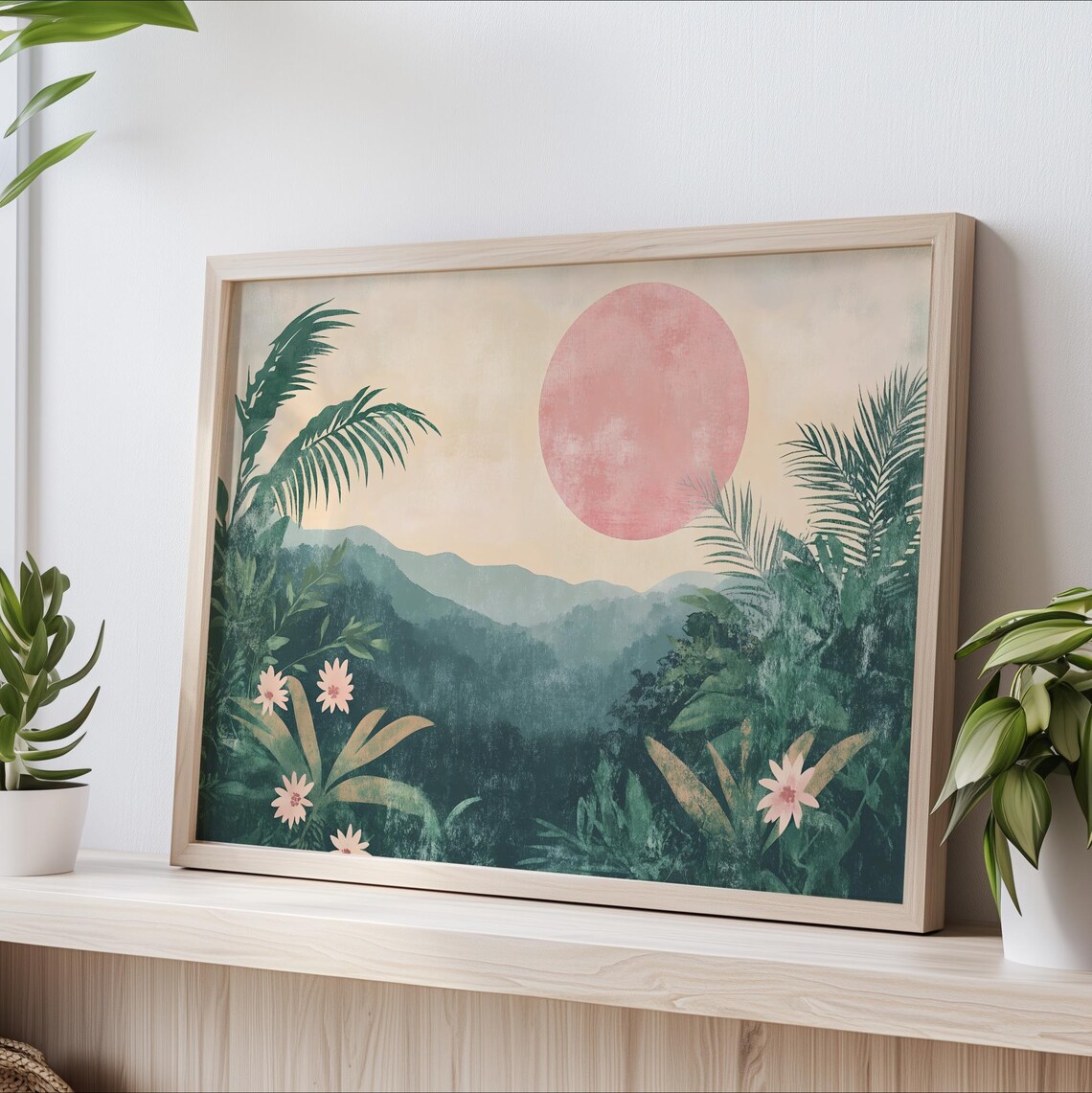 Dreamy Lush Green Jungle Pink Sun Tropical Botanical Art Print