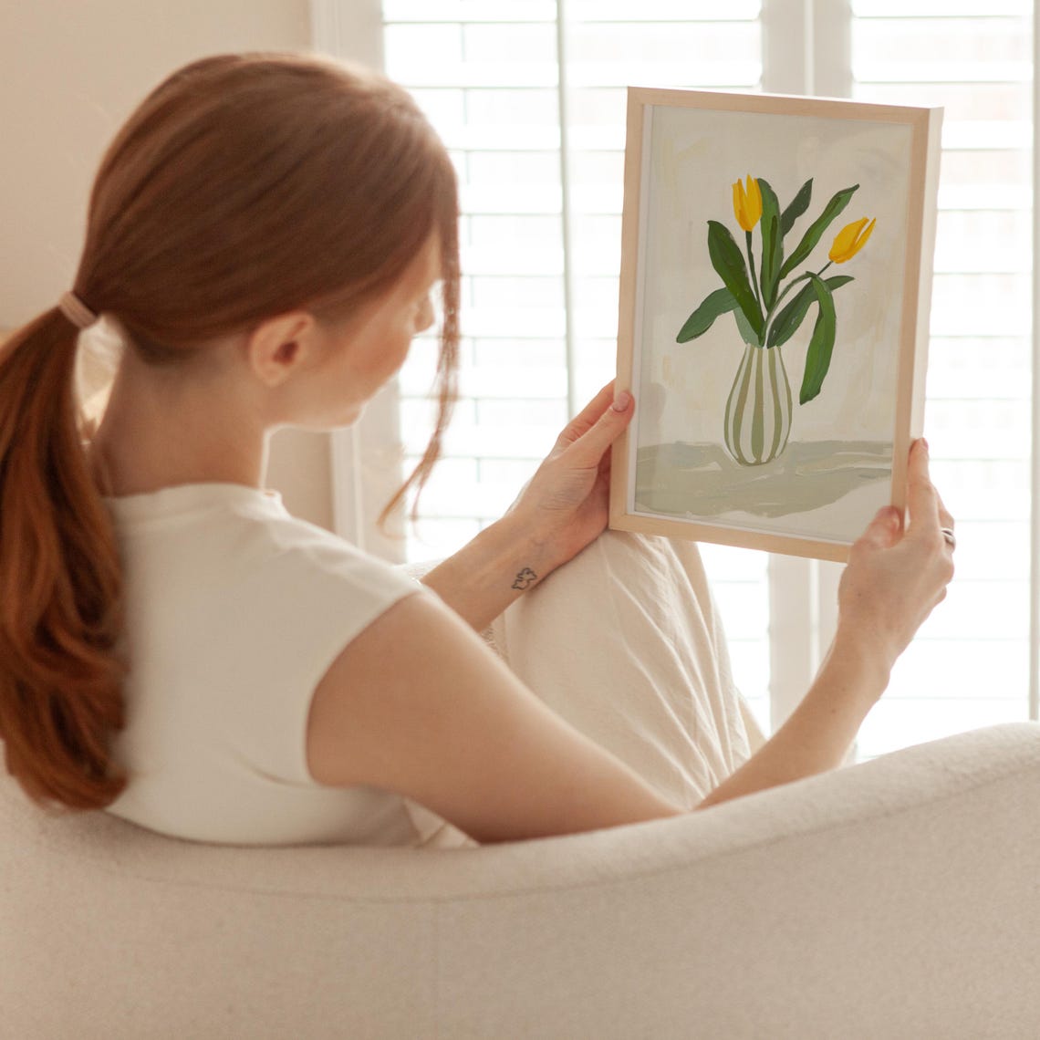 Yellow Tulips In Striped Vase Painterly Cream Floral Still Life Poster - Image 2