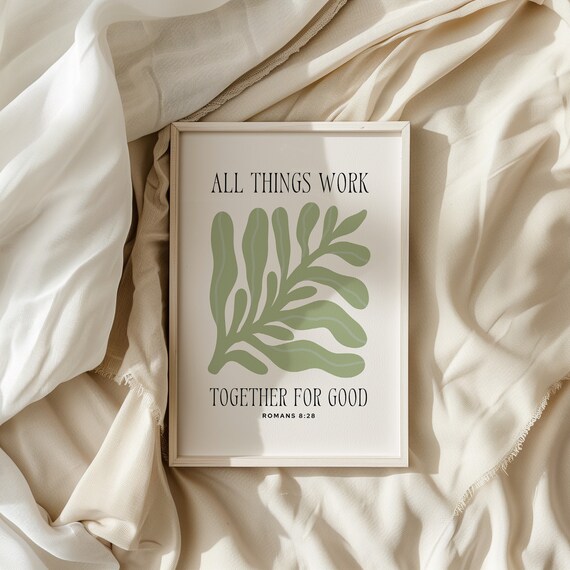 Romans 828 Christian Wall Art Inspirational Quote Bible Verse Decor Christian Apartment Housewarming Gift Green Minimalist Matisse Print