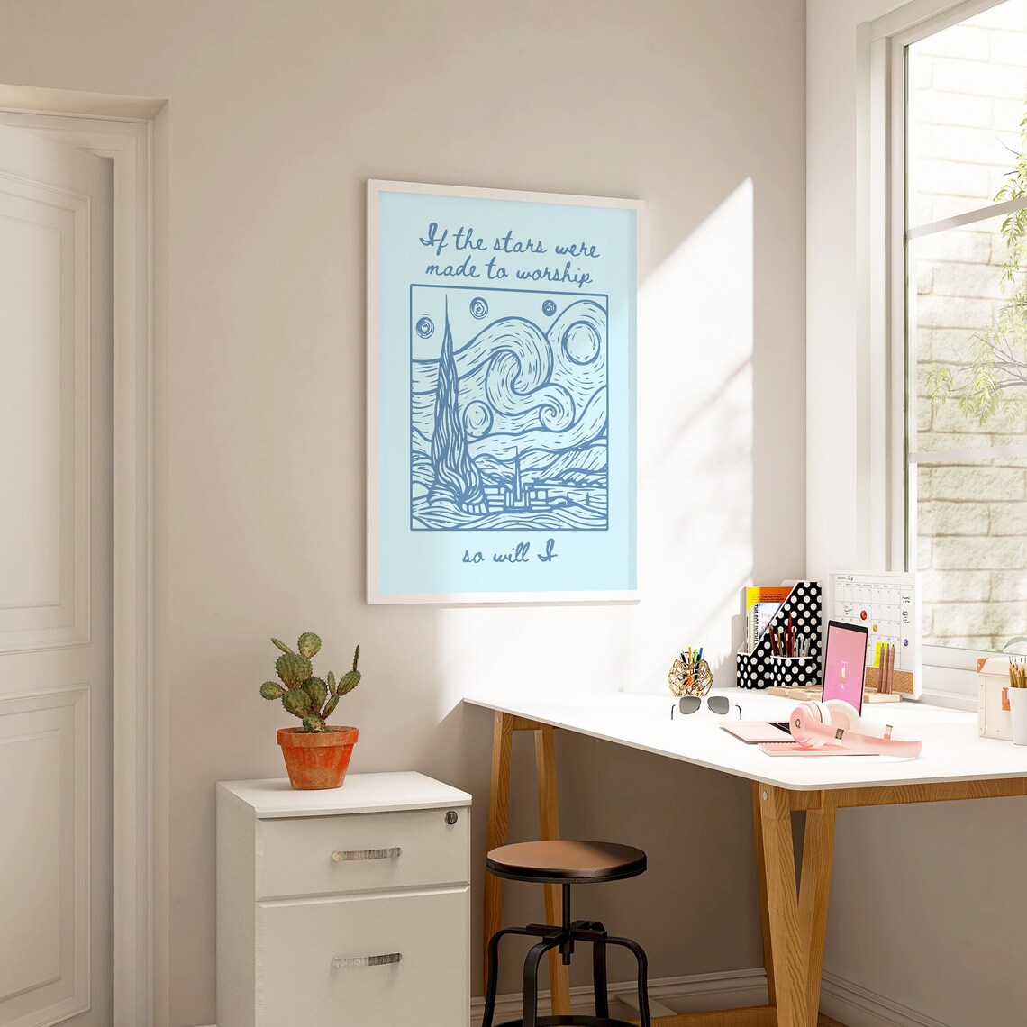 If the Stars Were Made to Worship Starry Night Line Art Blue Faith Poster - Image 2