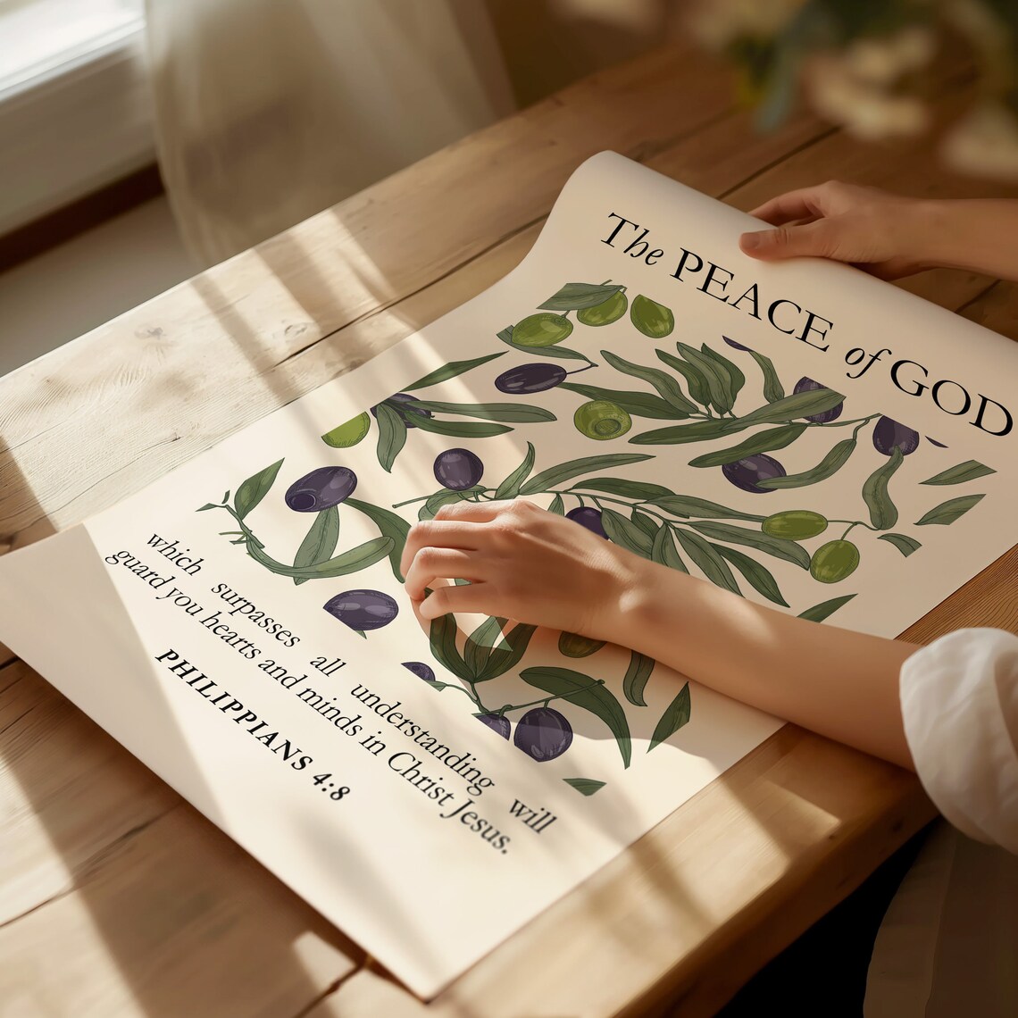The Peace of God Philippians 4:8 Olive Branch Pattern Botanical Verse Poster - Image 4