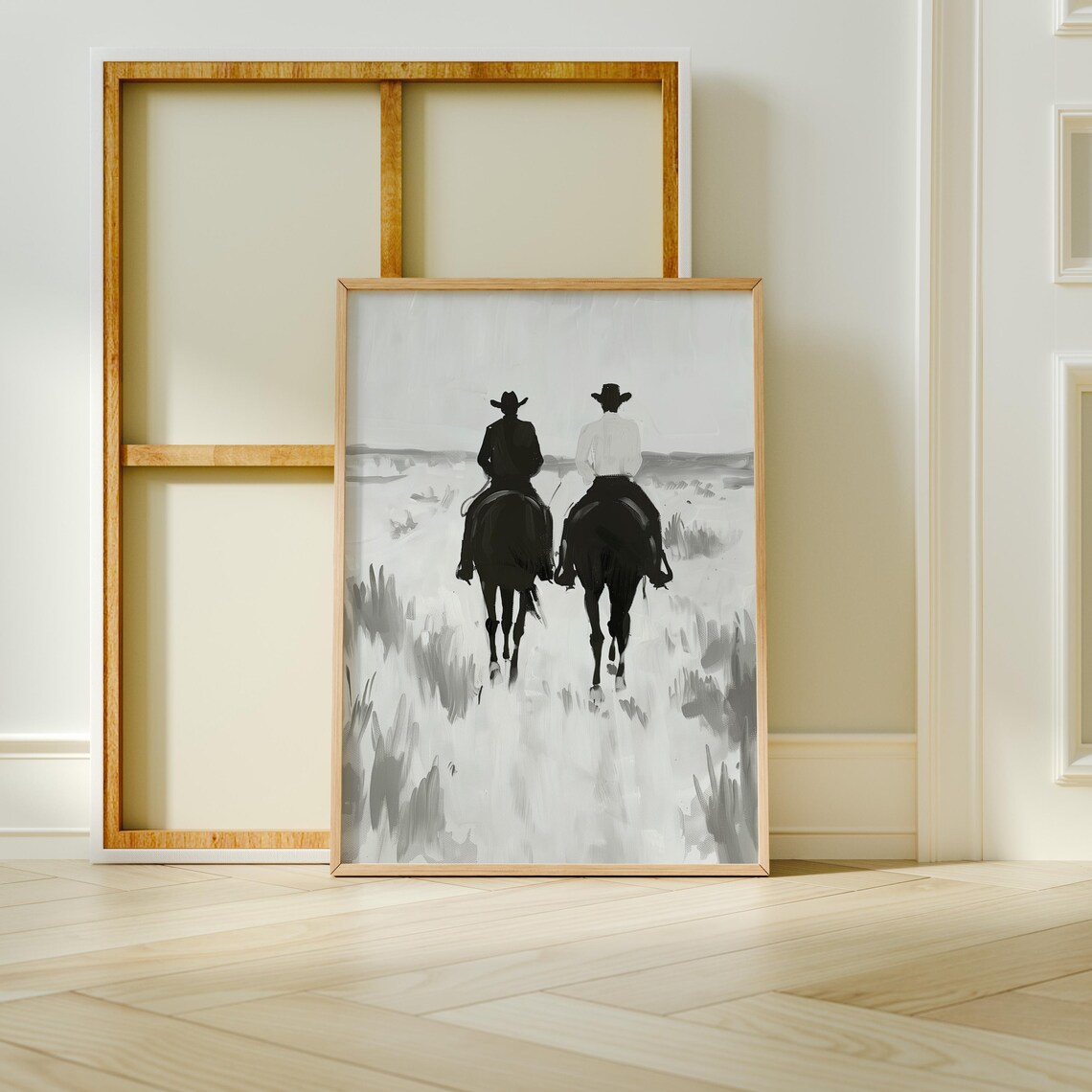 Two Cowboys Riding Horses Monochrome Western Painting Poster - Image 3