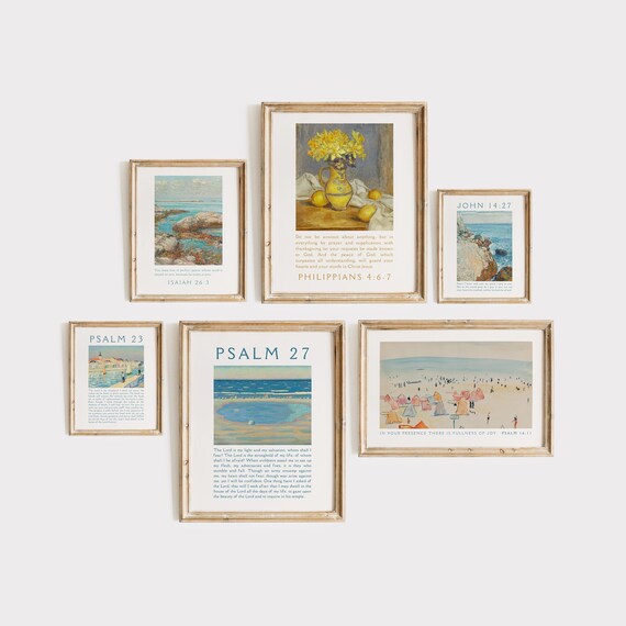 Christian Scripture Gallery Set of Six Vintage Coastal Bible Verse Wall Art