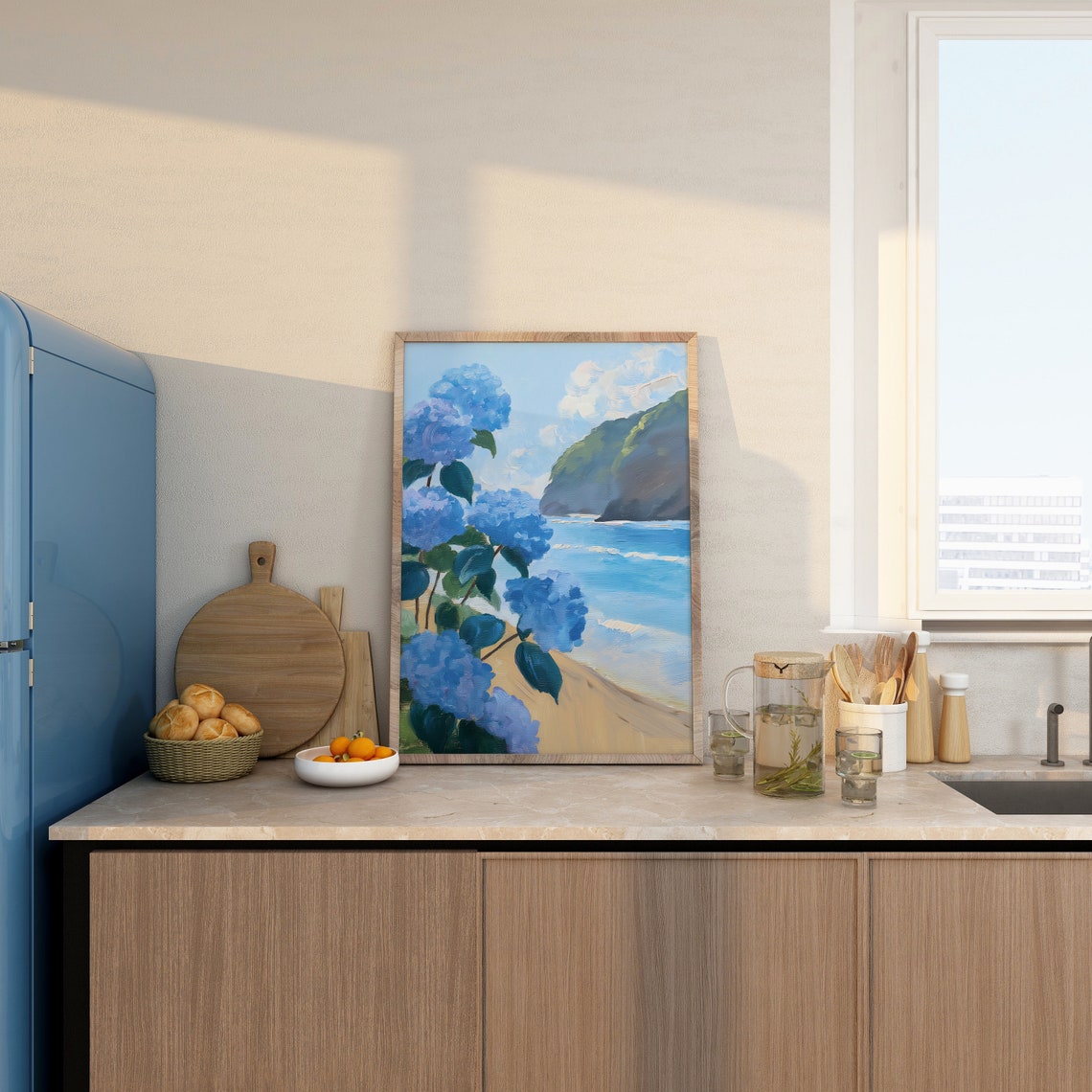 Blue Hydrangeas Coastal Ocean Painting Seaside Floral Poster - Image 4