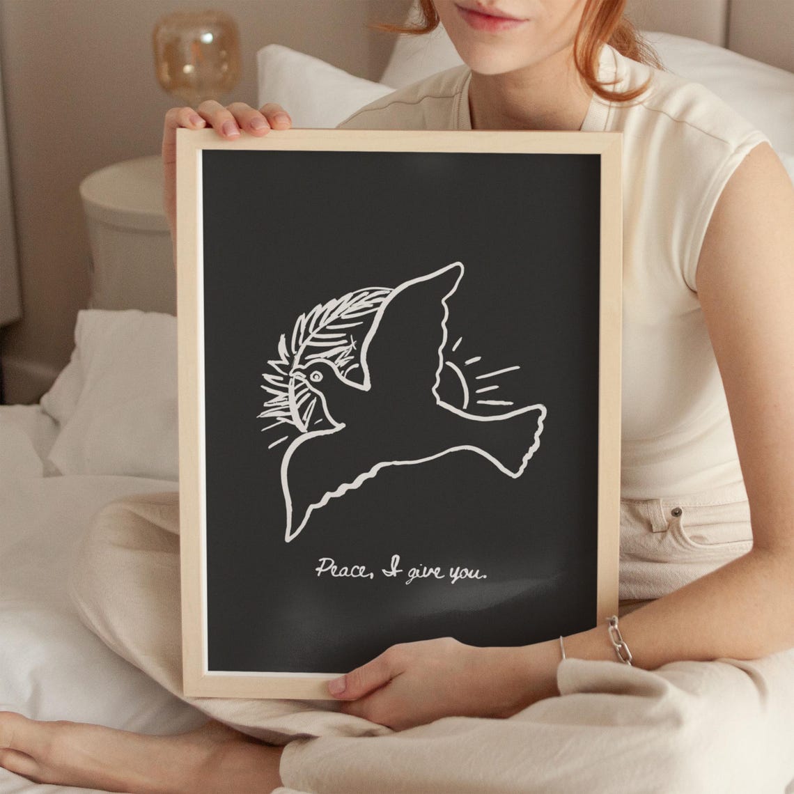Peace I Give You Dove Black White Christian Line Art Scripture Poster - Image 3