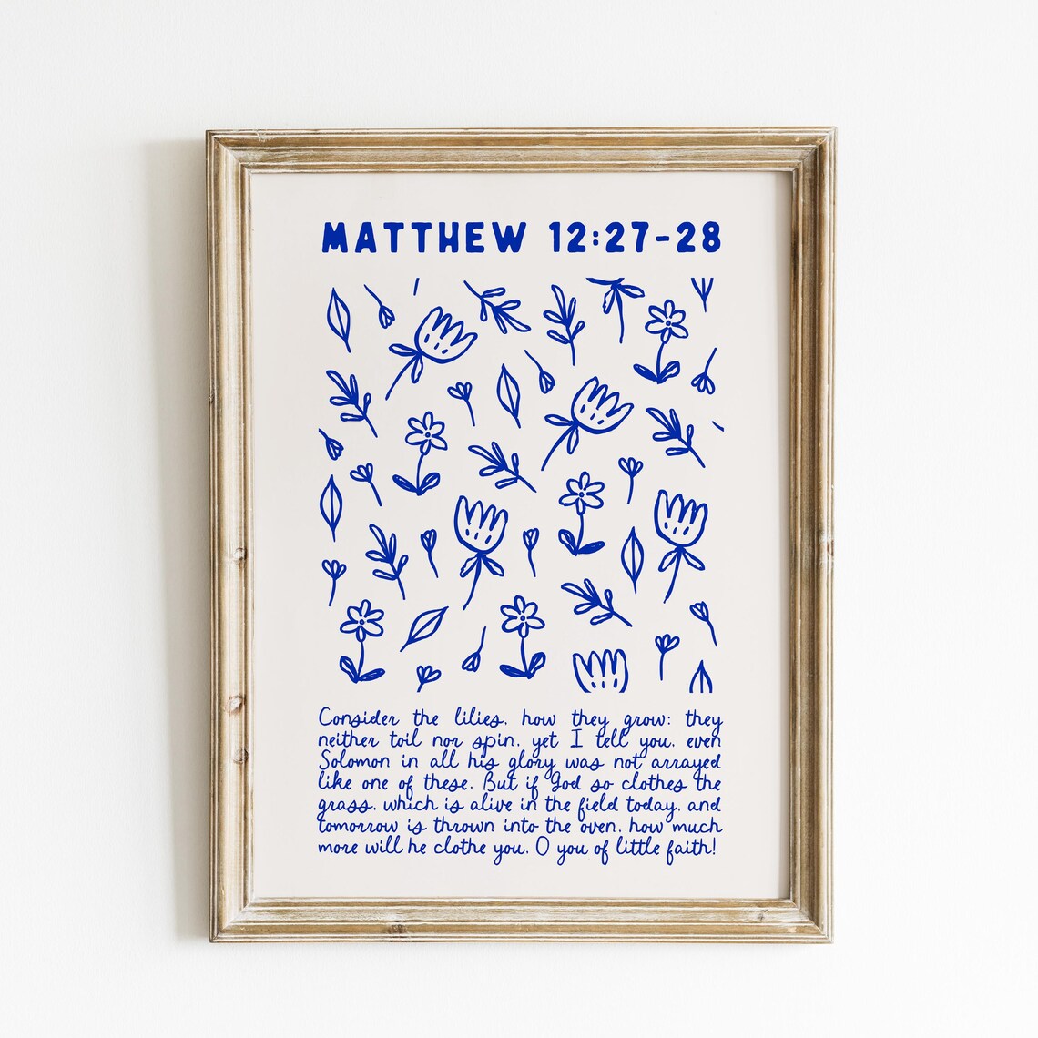 Consider The Lilies Matthew 12 27-28 Blue Floral Line Art Bible Verse Poster