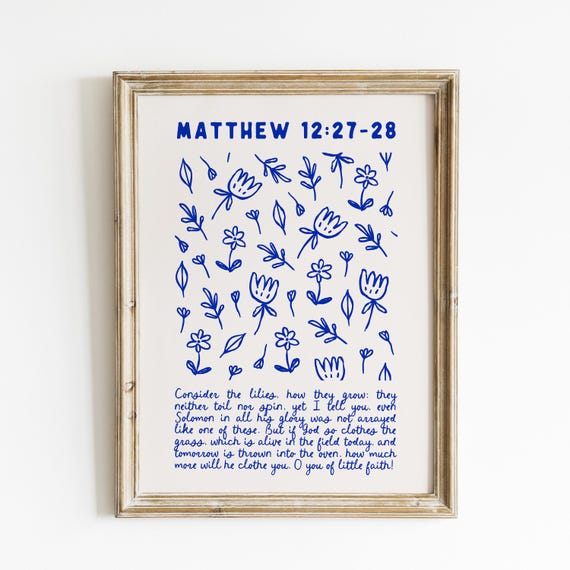 Consider The Lilies Bible Verse Wall Art Flower Market Poster Wall Art Quote Blue Wall Decor Housewarming Gift Trendy Apartment