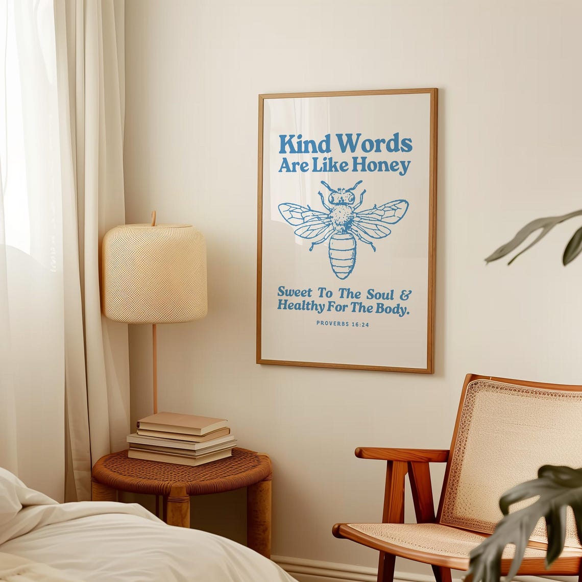 Kind Words Are Like Honey Retro Print Christian Wall Art Scripture Wall Art Gift Dorm Room Essentials Vintage Blue Wall Art Bible Verse - Image 2