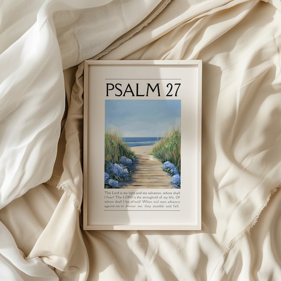 Psalm 27 Beach Boardwalk Hydrangea Ocean Art Scripture Poster