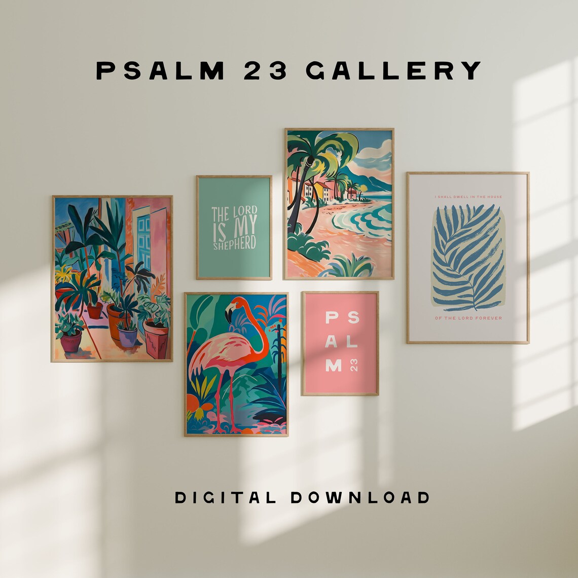 Psalm 23 Tropical Six Piece Flamingo Beach Palm Gallery Wall Set Poster