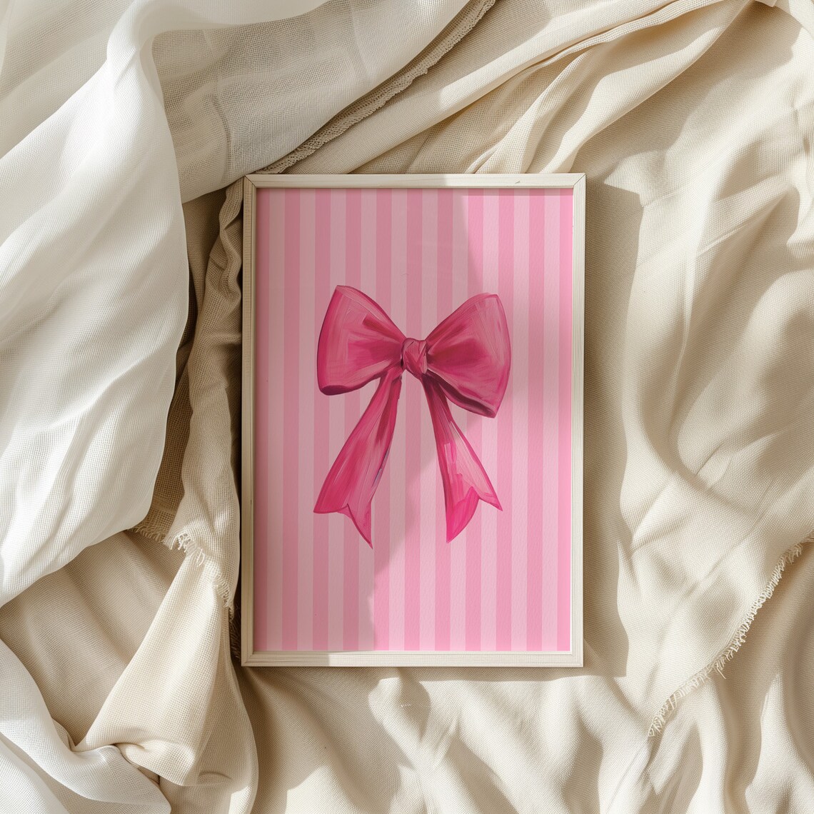 Pink Bow Striped Coquette Girly Preppy Trendy Bedroom Decorative Wall Art - Image 4