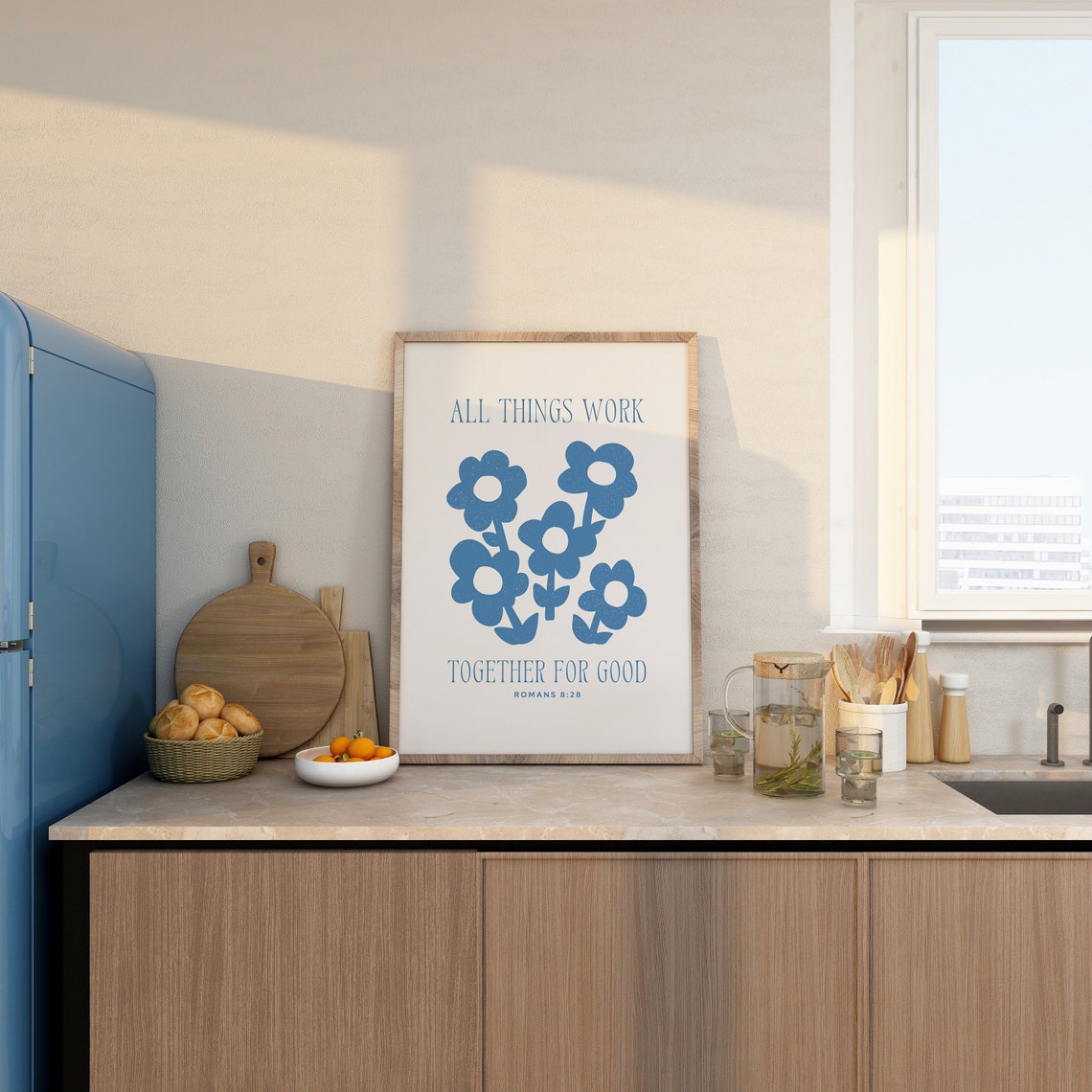 Romans 8:28 All Things Work Together for Good Blue Floral Poster - Image 4