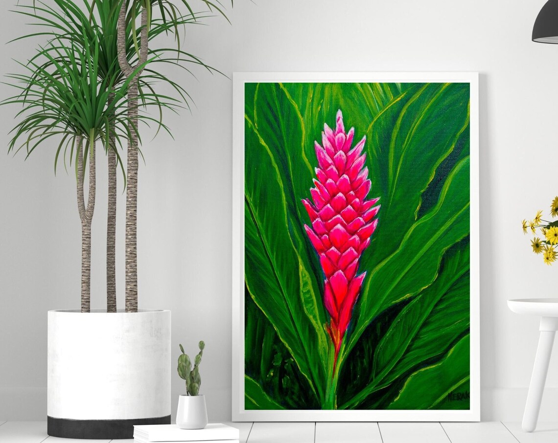 Pink Torch Ginger Flower Painting Tropical Bloom Green Leaves Poster - Image 2