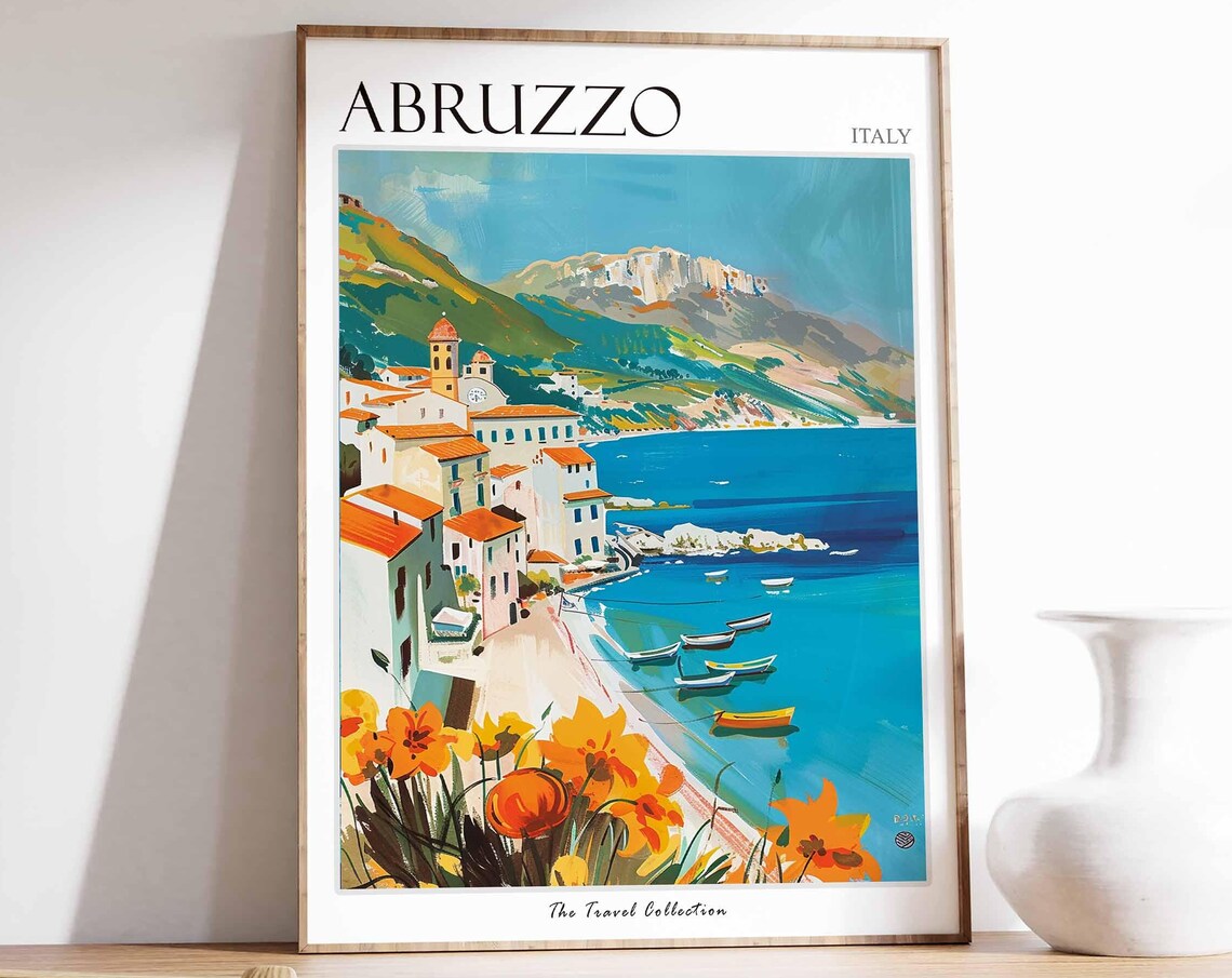Abruzzo Italy Coastal Town Boats Wildflowers Seaside Travel Poster