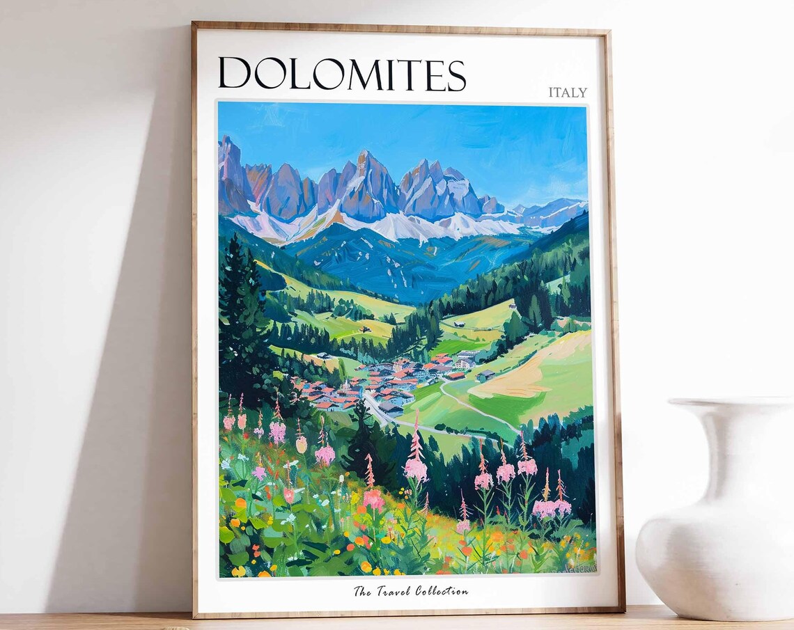 Dolomites Italy Painted Alpine Valley Wildflower Travel Poster Scene