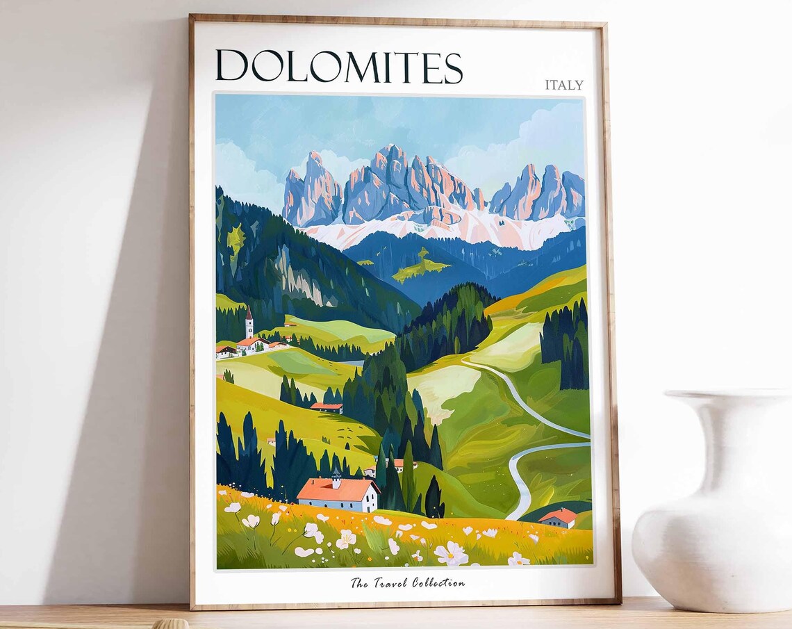 Dolomites Italy Jagged Peaks Alpine Meadows Village Church Poster