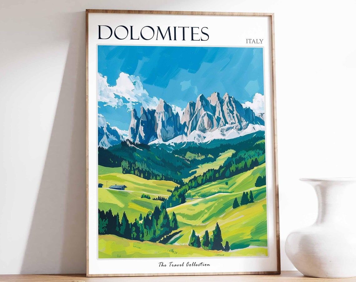 Dolomites Italy Jagged Peaks Alpine Valley Classic Travel Poster