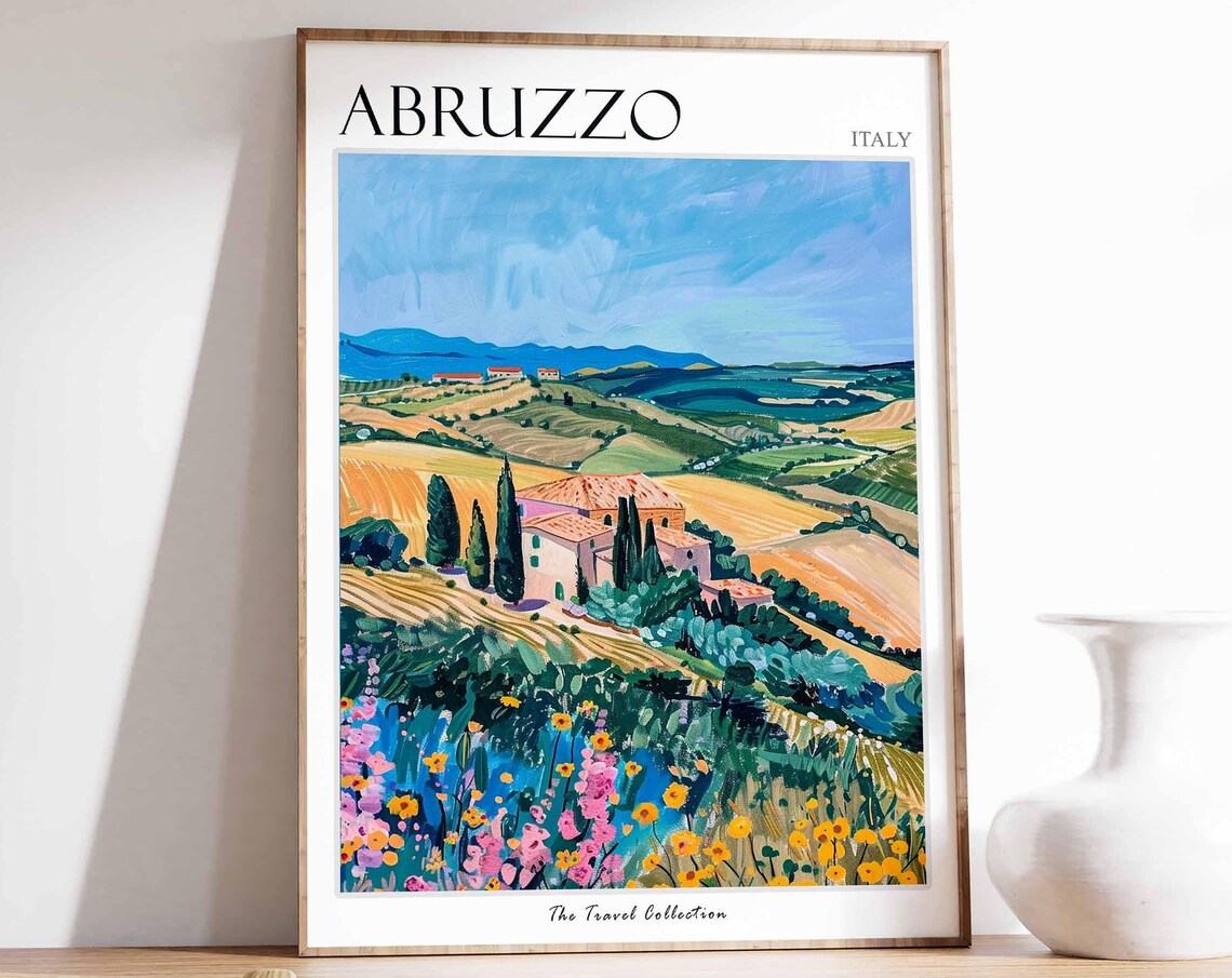 Abruzzo Italy Golden Wheat Fields Farmhouse Summer Travel Poster
