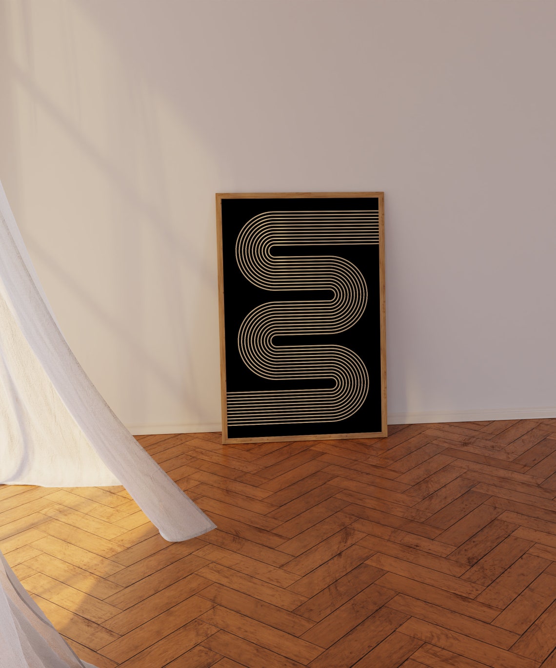 Cream Curved Line Ribbon Black Minimalist Geometric Art Poster - Image 2