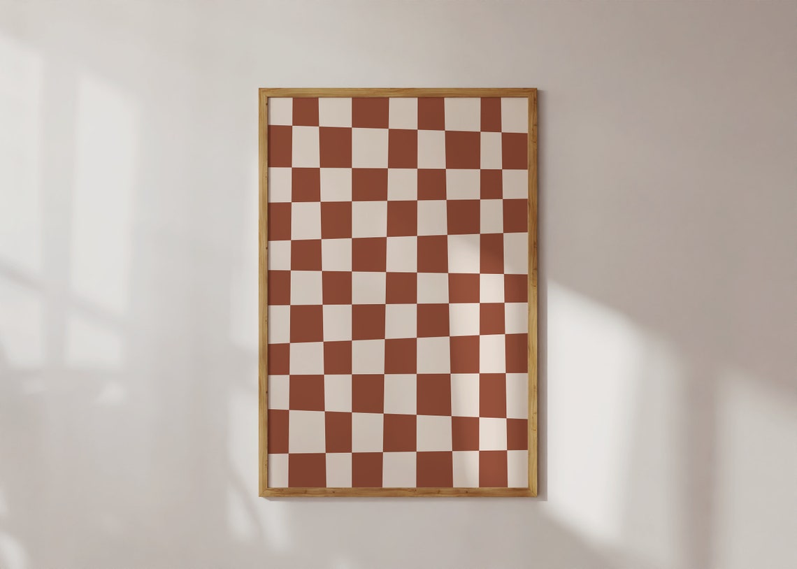 Terracotta Checkerboard Pattern Retro Checkered Graphic Funky Poster