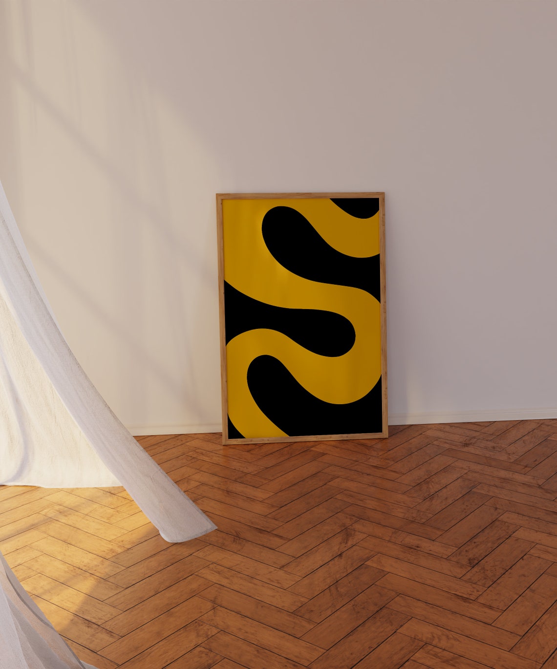 Black And Mustard Yellow Wavy Curves Bold Modern Abstract Poster - Image 2