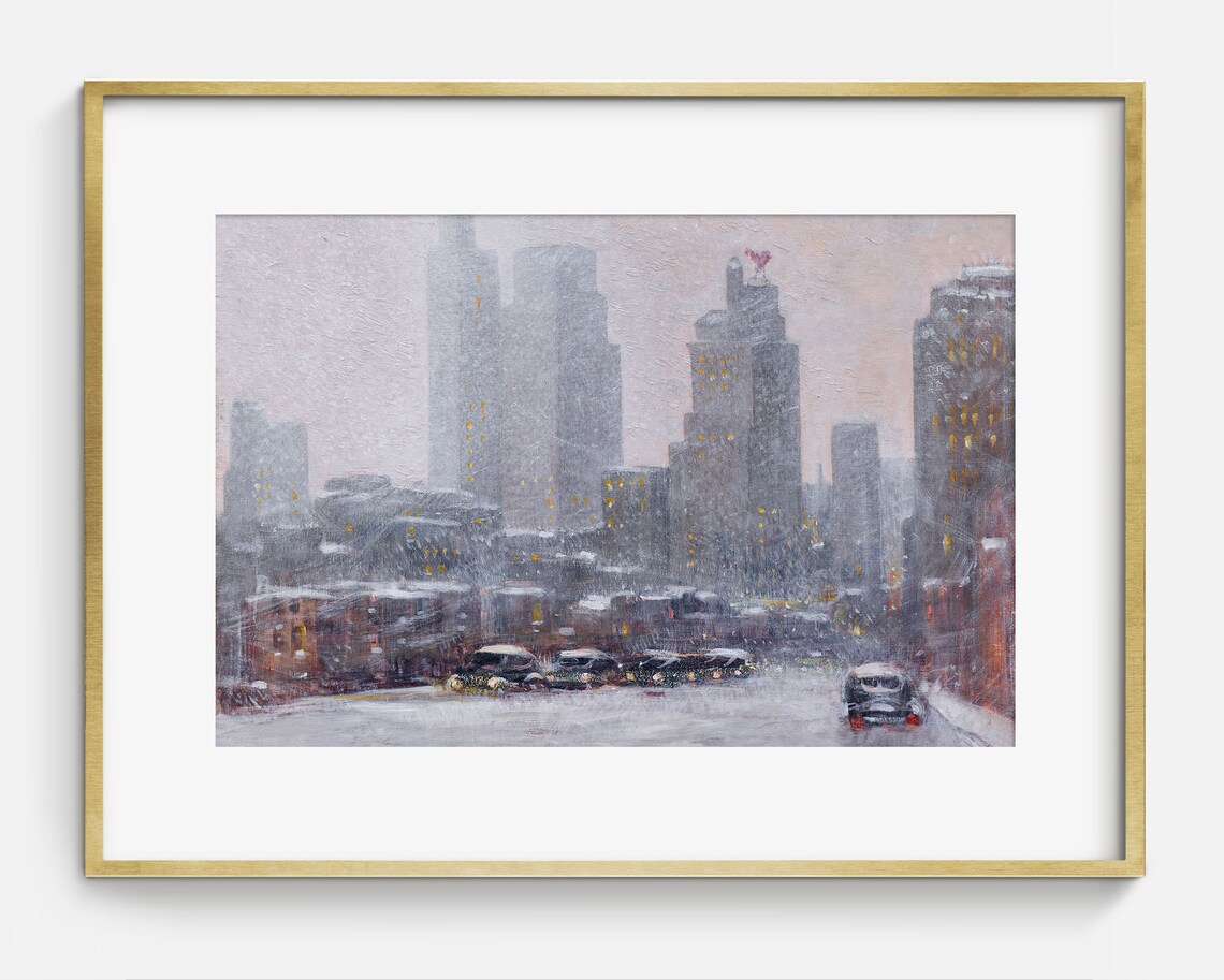 New York City Snowy Street Skyscrapers Vintage Winter Art Print - Image 2
