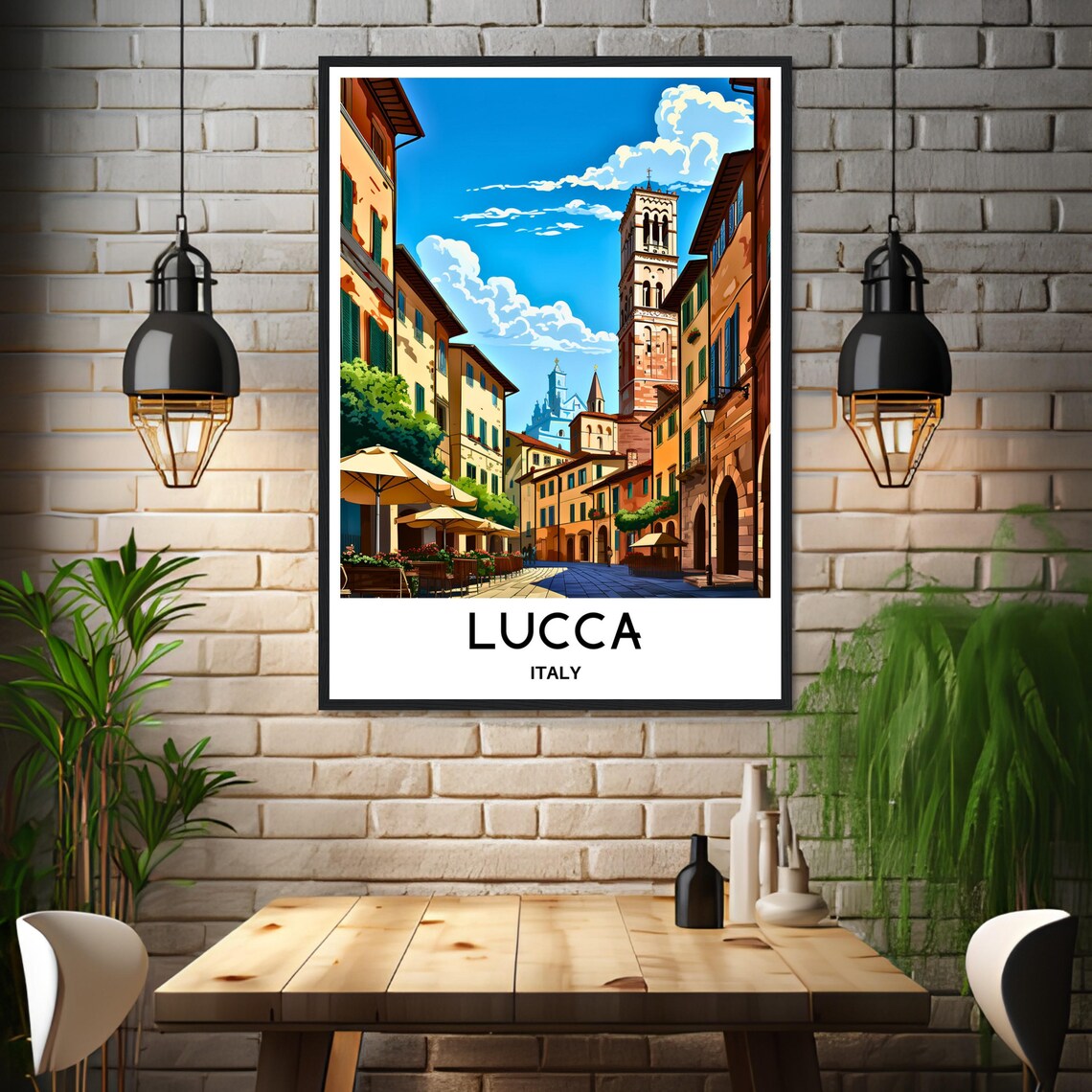 Lucca Tuscan Street Cafes and Church Tower in Warm Sun Poster - Image 3