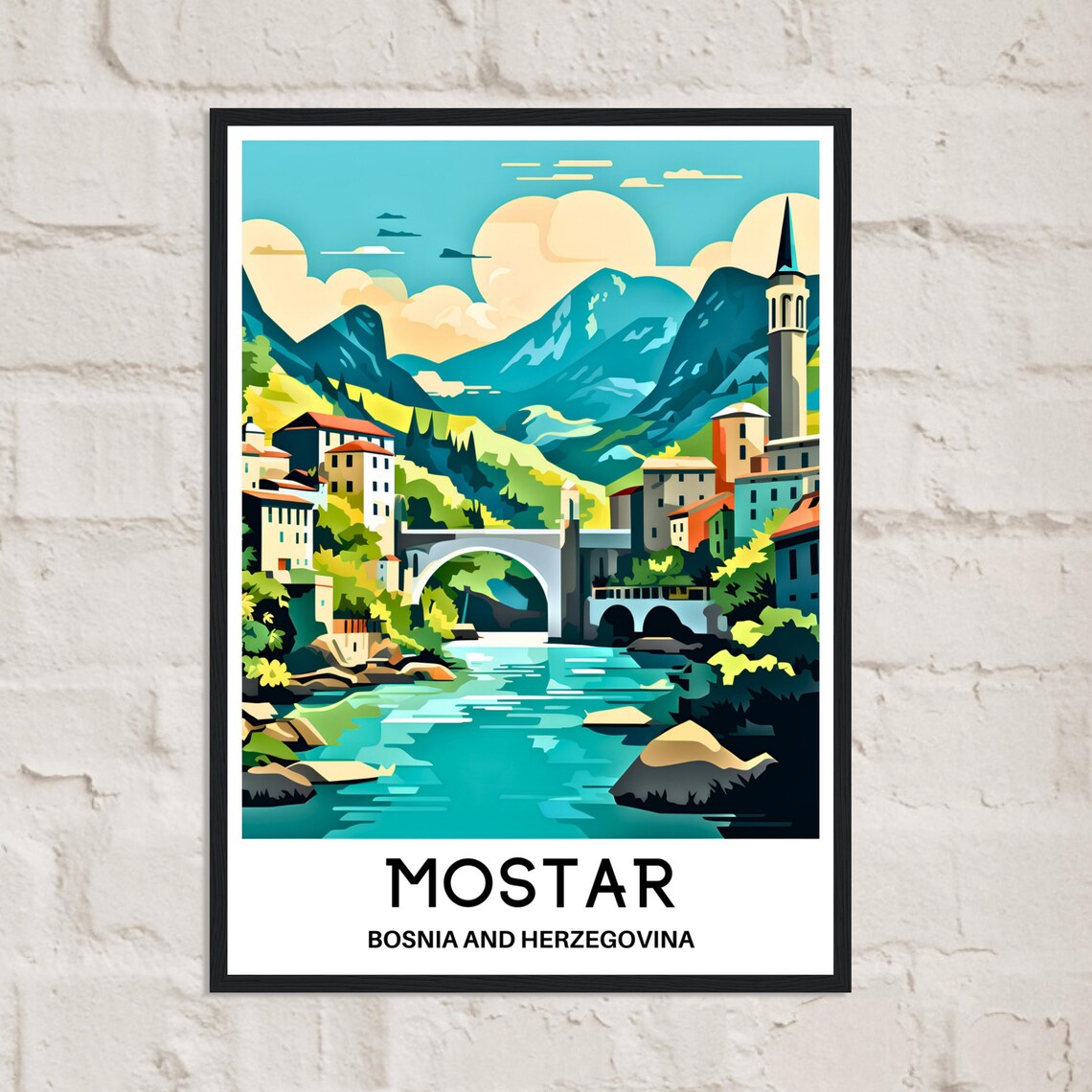 Mostar Bosnia Stone Arch Bridge Old Town Minaret River Poster - Image 3