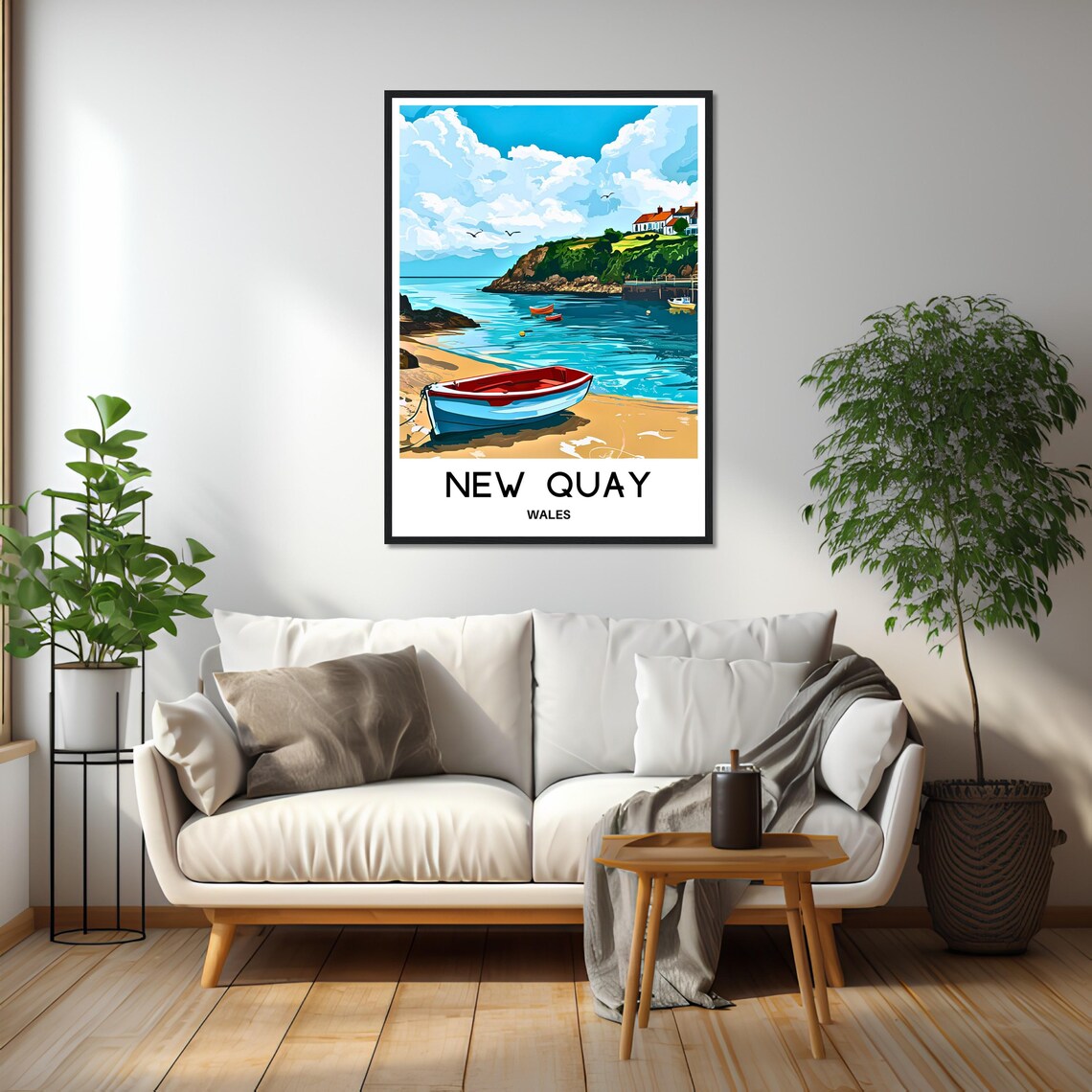New Quay Wales Beach Red Rowboat Sandy Cove Seaside Scene Poster - Image 2