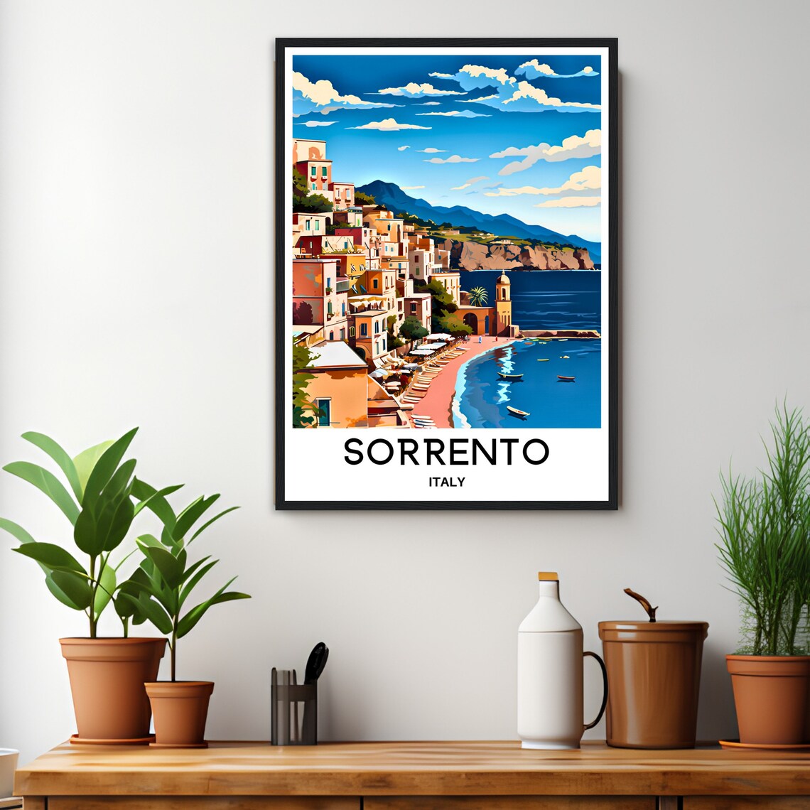Sorrento Italy Seaside Old Town Beach Umbrellas Coast Travel Poster - Image 3