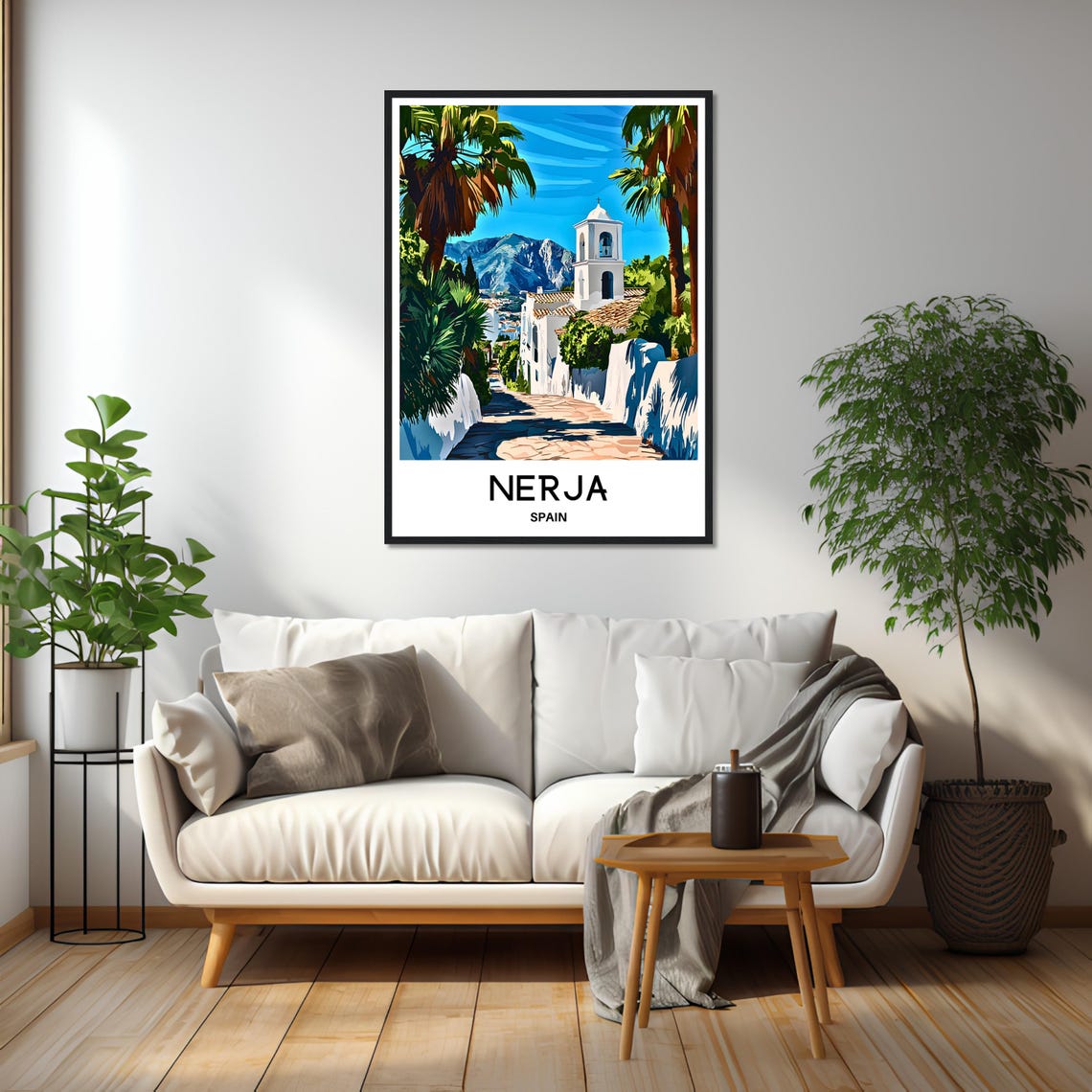 Nerja Spain Whitewashed Street Poster with Church Tower and Palms - Image 2